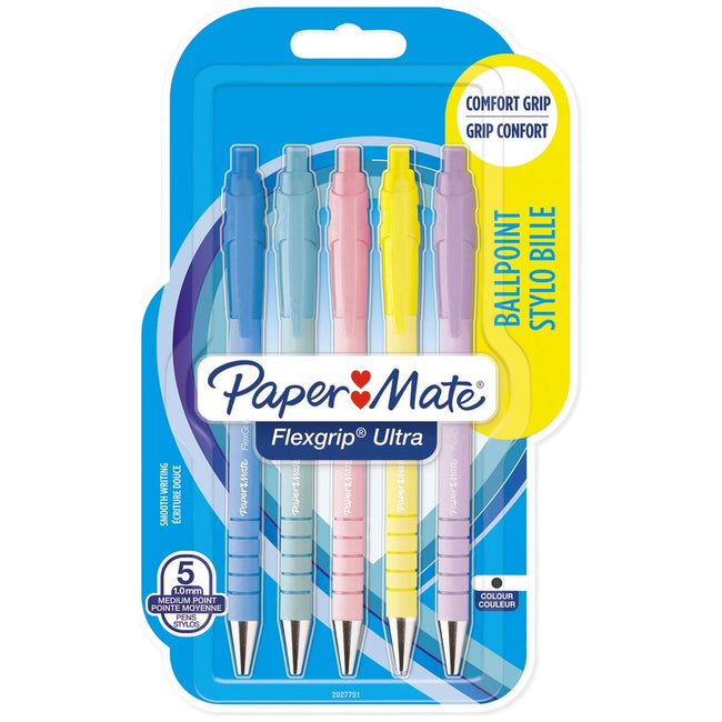 Paper Mate - Ballpoint Pen Flexgrip Tel Rt, moyen, encre noire, cloque de 5 pièces, assorti