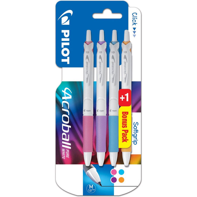 Pilot - Stylo bille Acroball Pure White, blister de 3 + 1 offert, aux couleurs gaies