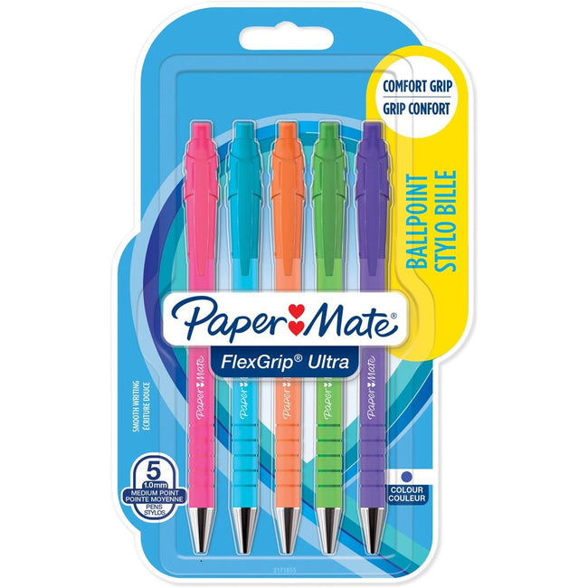 Paper Mate - Ballpoint Pen Flexgrip Ultra RT Brights, Medium, Blue Ink, Blister of 5 Pieces, Assorti