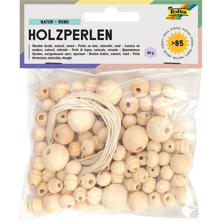Folia - perles en bois, naturelles, blister de 84 pièces de tailles assorties