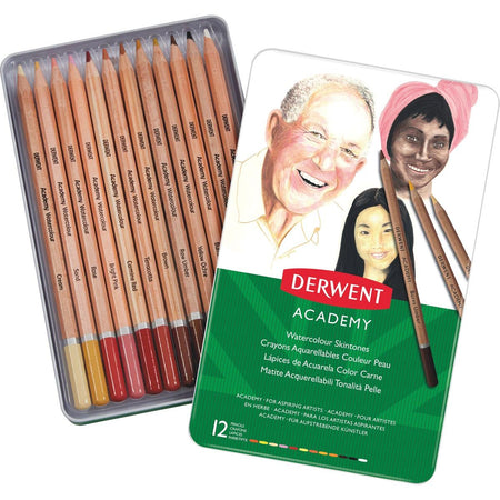 Derwent -  aquarelpotlood Academy , blik van 12 stuks in geassorteerde huidtinten