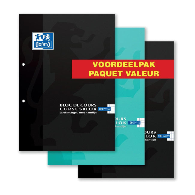 Oxford -  cursusblok voordeelpak van 3 stuks, geassorteerde kleuren, ft A4, 100 vel, geruit 5 mm