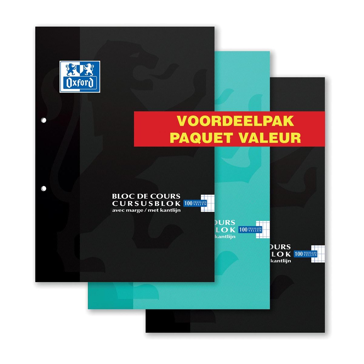 Oxford -  cursusblok voordeelpak van 3 stuks, geassorteerde kleuren, ft A4, 100 vel, commercieel geruit