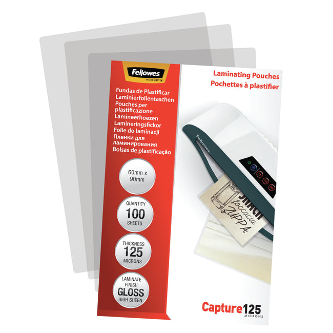 Fellowes - pochette de plastification Capture125 ft 60 x 90 mm, 250 microns (2 x 125 microns), paquet de 100