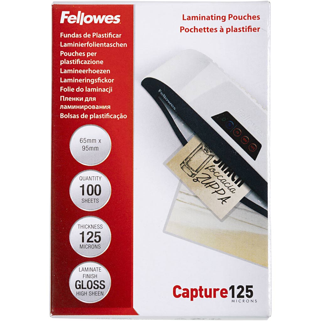 Fellowes - pochette de plastification Capture125 ft 65 x 95 mm, 250 microns (2 x 125 microns), paquet de 100