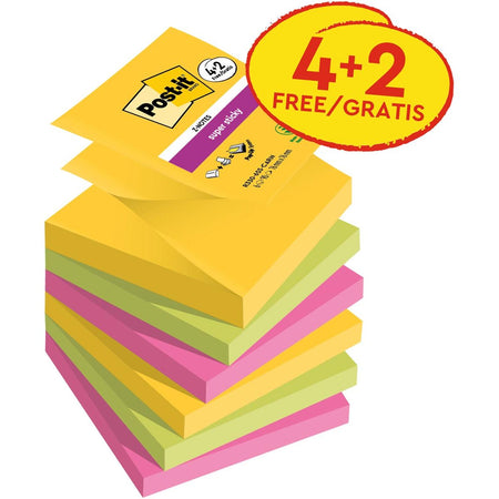 Post-it Super Sticky -  Super Sticky Z-notes Carnival, 90 vel, ft 76 x 76 mm, 4 + 2 GRATIS