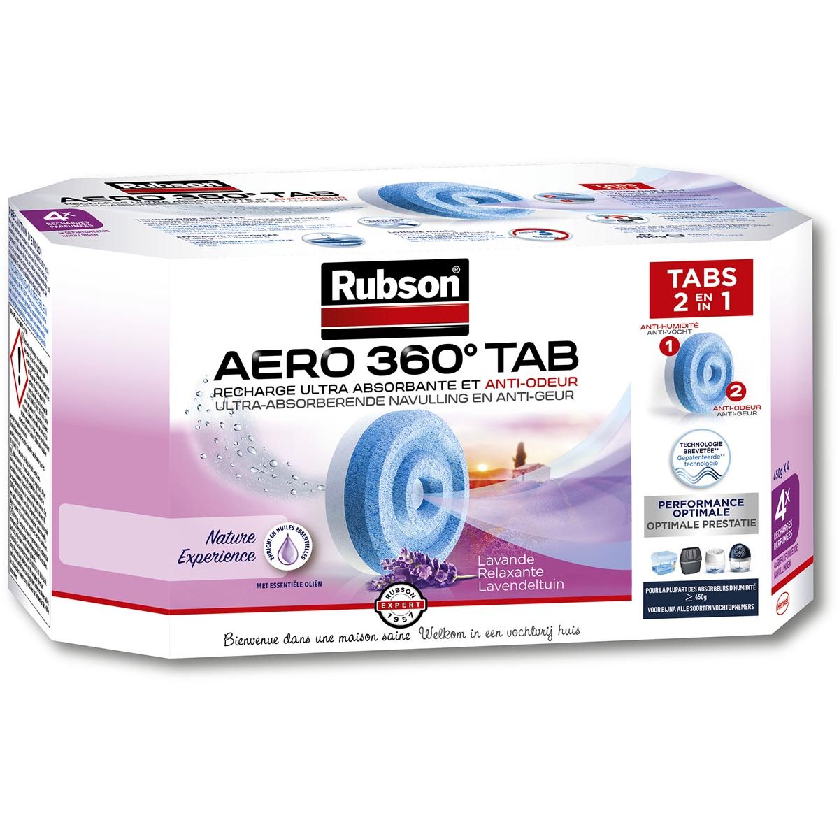 Rubson -  navulling voor ontvochtiger AERO 360, doos van 4 tabs van 450 gram, lavendel