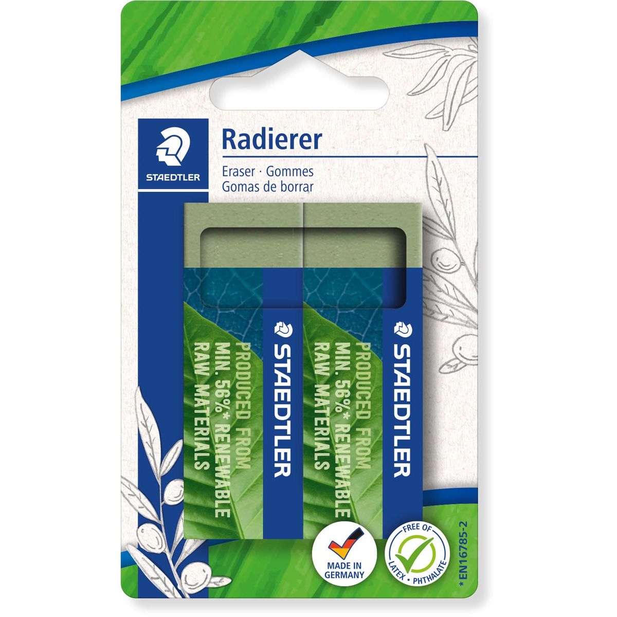 Staedtler - Gum Eco 52680 65x23x10mm vert olive blister de 2 pièces