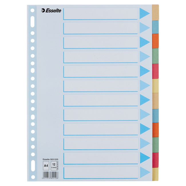 Esselte - Onglets A4 12 pièces carton 23 anneaux assortis | 25 pièces