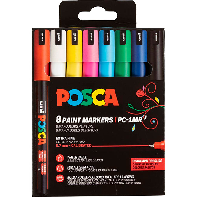 Posca - Marqueur peinture Uni PC-1MR, 0,7 mm, étui de 8 pièces couleurs de base assorties