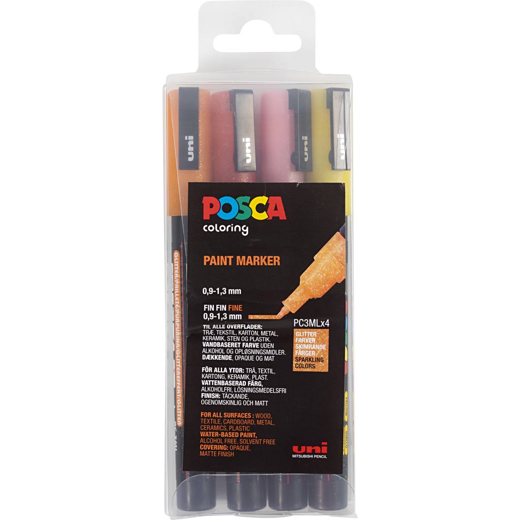 Posca - Paintmarker Uni PC fines paillettes chaudes assorties lot de 4 pièces