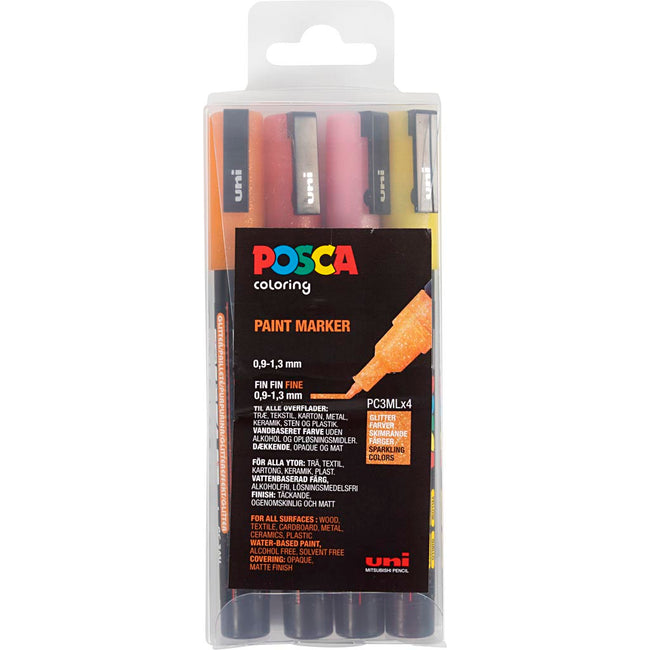 Posca - Paintmarker Uni PC fines paillettes chaudes assorties lot de 4 pièces