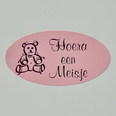 Klika -  Etiket Hoera een meisje roze/magen ovaal