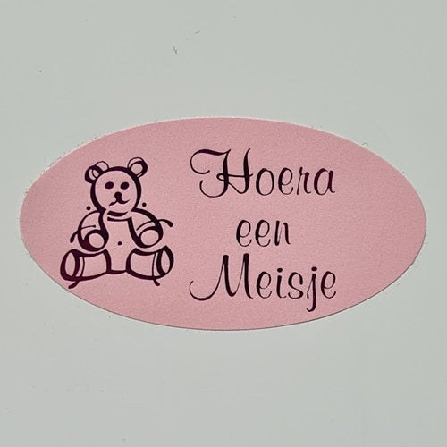 Klika -  Etiket Hoera een meisje roze/magen ovaal