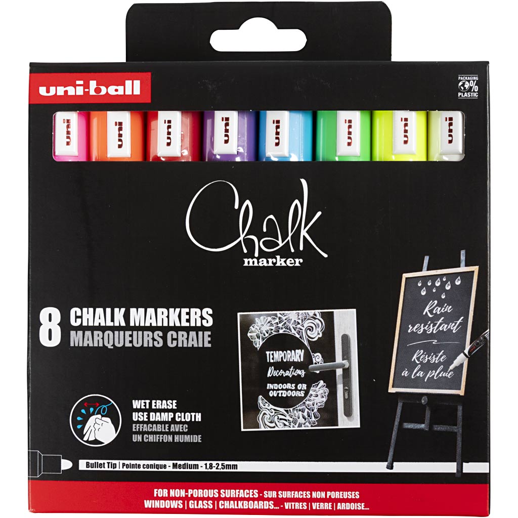 Uni-ball - marqueur craie, pointe ronde 1,8 2,5 mm, étui de 8 pièces, assortis