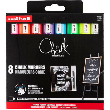 Uni-ball - marqueur craie, pointe ronde 1,8 2,5 mm, étui de 8 pièces, assortis