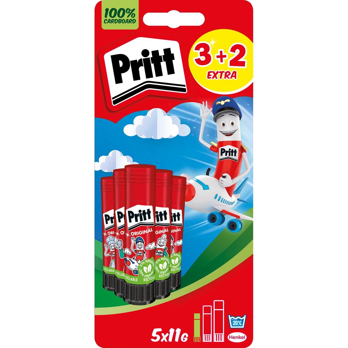 Pritt -  Original plakstift, 11 g, 3 + 2 gratis, op blister