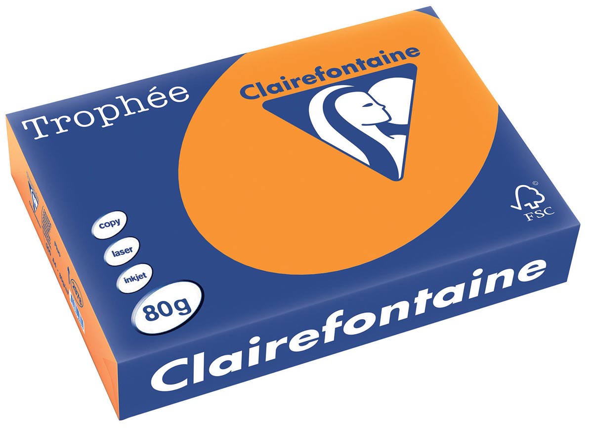 Clairefontaine - Trophée Intensiv, farbiges Papier, A4, 80 g, 500 Blätter, Fluo Orange