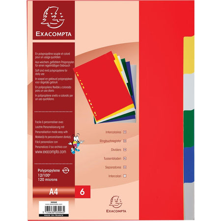 Exacompta - onglets pour ft A4, en PP 12/100e, 6 onglets, couleurs assorties