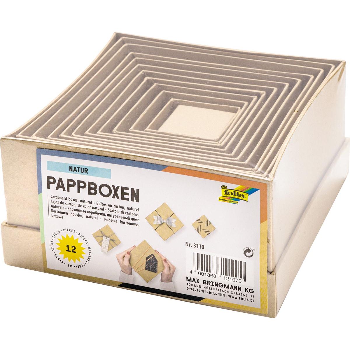 Folia - Schachteln zur Dekoration, quadratisch, aus Pappe, Packung à 12 Stück in verschiedenen Größen, braun
