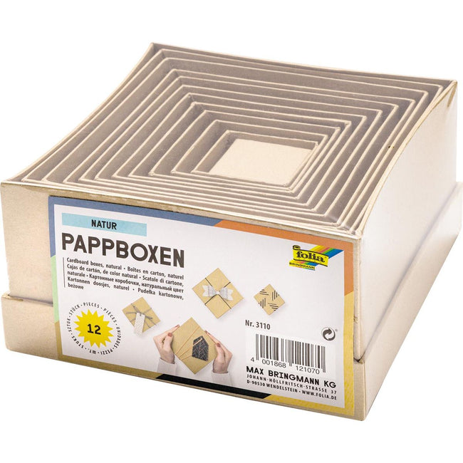 Folia - Schachteln zur Dekoration, quadratisch, aus Pappe, Packung à 12 Stück in verschiedenen Größen, braun