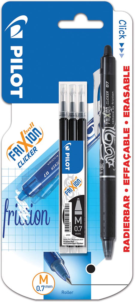 Pilot -  gelroller Frixion Ball Clicker, blister van 4 stuks (1 gelroller + 3 vullingen), zwart