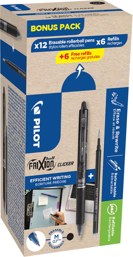 Pilot -  Frixion Ball Clicker, 12 rollers en 6+6 vullingen 0,7 mm, zwart