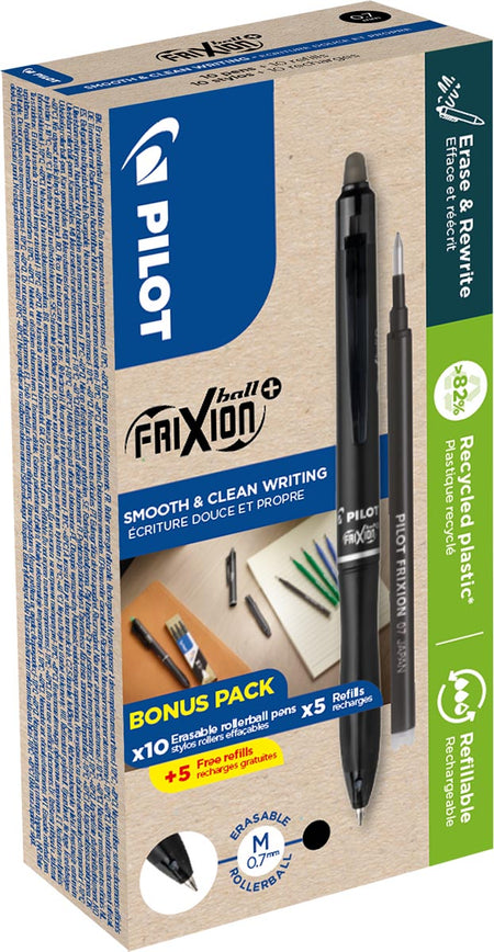 Pilot -  FriXion Ball Plus roller, medium, zwart, doos van 10 stuks + 10 navullingen