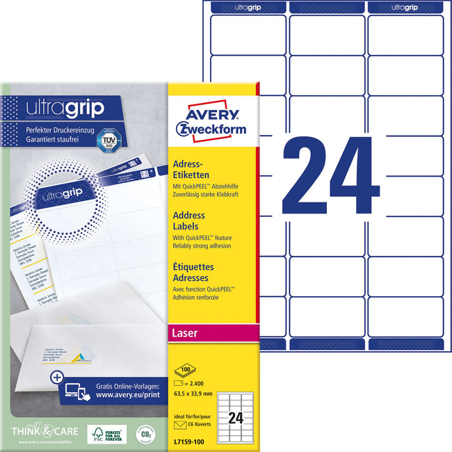 Avery -  Etiket  l7159-100 63.5x33.9mm wit 2400st