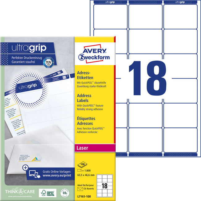Avery -  Etiket  l7161-100 63.5x46.6mm wit 1800st | 5 stuks