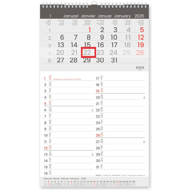 White Box - monatlicher Kalender -Memo -Manager, Four -Language, 2025