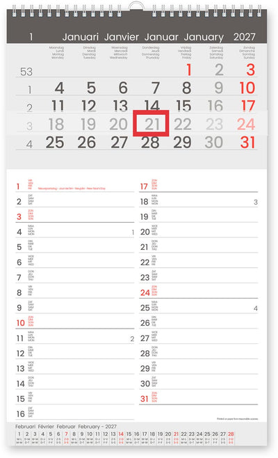 Boîte blanche - Calendrier mensuel Memo-Manager, quatre langues, 2026