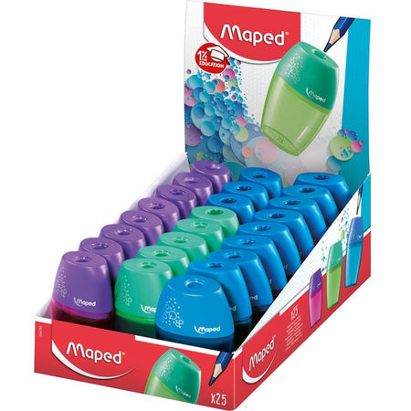 Maped - Taille-crayon Shaker Présentoir 1 trou de 25 pièces assorties