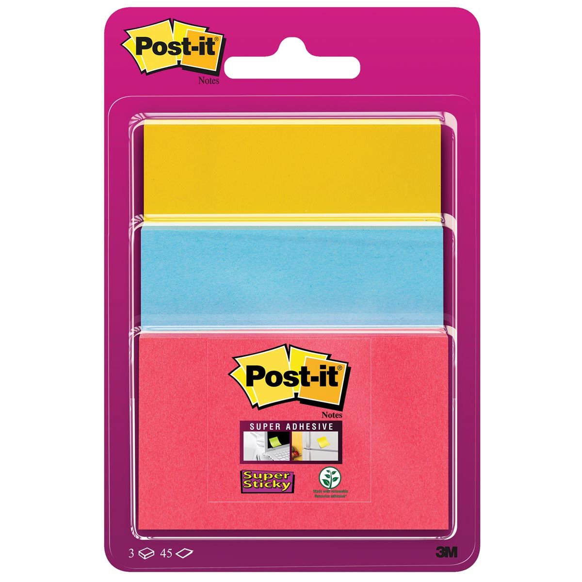 Post-it Super Sticky -  Super Sticky notes, 45 vel, 3 formaten, geassorteerde kleuren , op blister