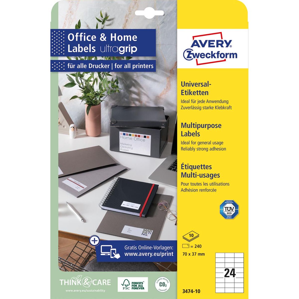 Avery Zweckform -  Zweckform universele etiketten, 70 x 37 mm, wit, permanent klevend, 240 etiketten, 10 vellen