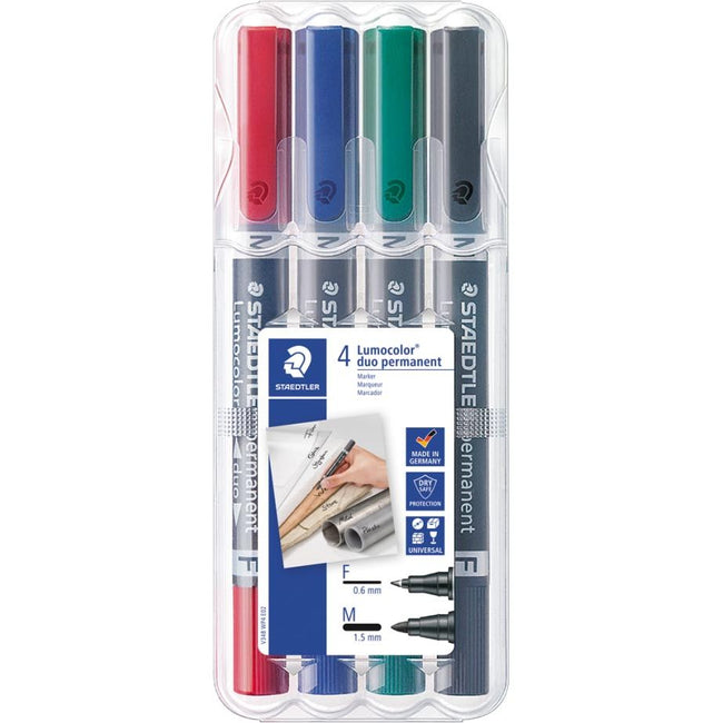 Staedtler -  Lumocolor Duo 348, permanent marker, doos van 4 stuks in geassorteerde kleuren