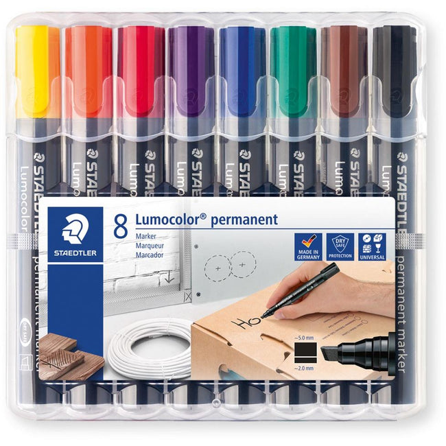 Staedtler - Lumocolor 350, Permanentmarker, abgeschrägte Spitze, 2,5 mm, Karton mit 8 Stück in verschiedenen Farben