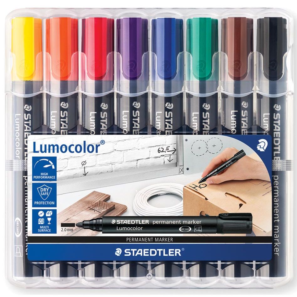 Staedtler - Lumocolor 352, marqueur permanent, pointe ronde, 2 mm, étui de 8 pièces couleurs assorties
