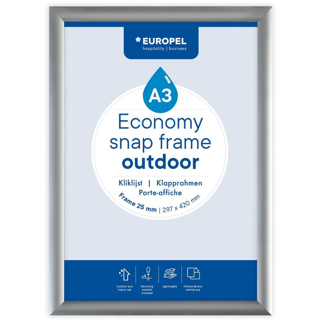 Europel – Pel-Klickrahmen Economy, wasserfest, Rahmen 25 mm, ft A3, silber