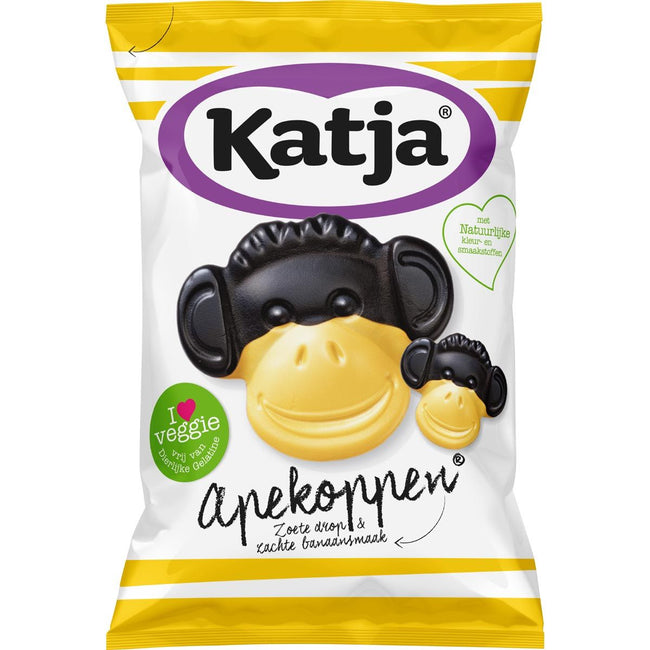 Katja -   Apekoppen snoep, zoete drop en banaansmaak, zak van 255 g