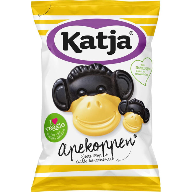 Katja -  Apekoppen snoep, zoete drop en banaansmaak, zak van 255 g