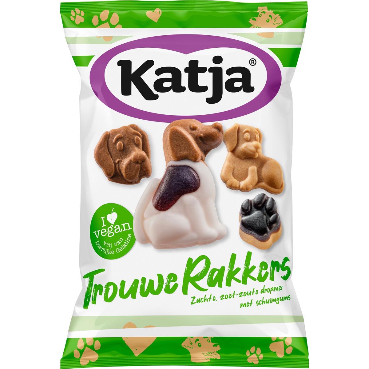 Katja - Bonbons Trouwe Rakkers, mélange doux de réglisse aigre-douce avec gommes mousse, sachet de 250 g
