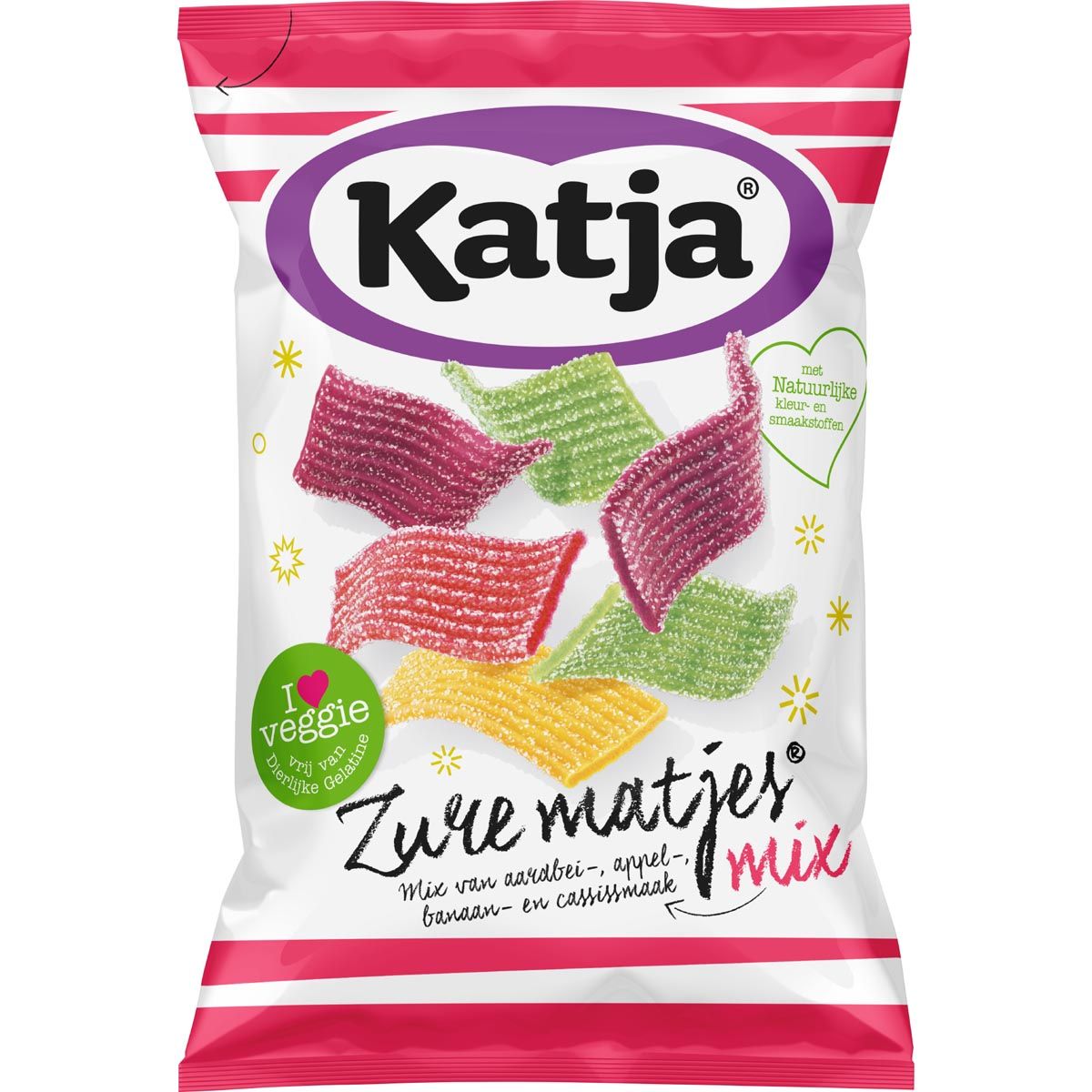 Katja -   Zure Matjes snoep, mix van aardbei-, appel-, banaan- en cassissmaak, zak van 250 g