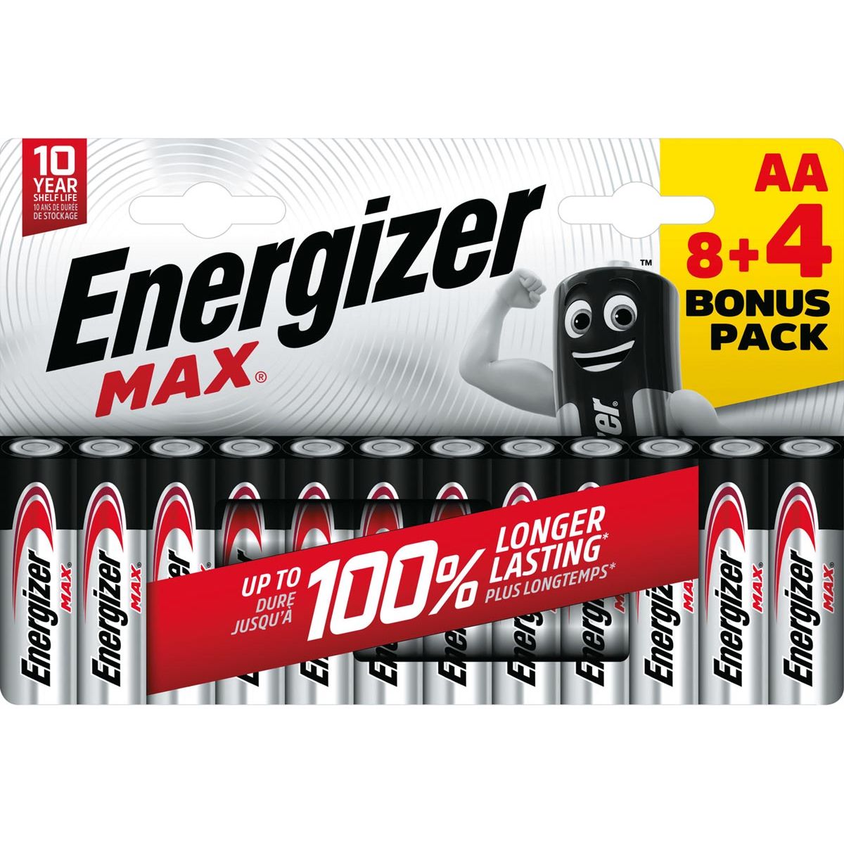 Energizer - Batteries Max AA, cloque de 8 pièces + 4 pièces gratuitement