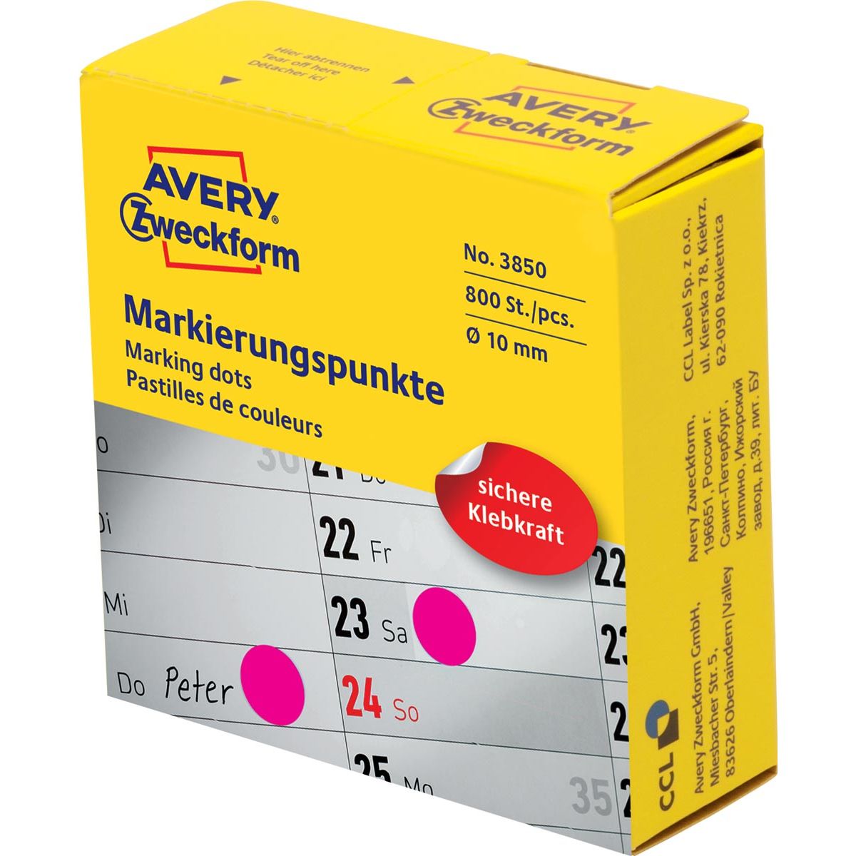 Avery Zweckform -  marking dots, diameter 10 mm, rol met 800 stuks, roze