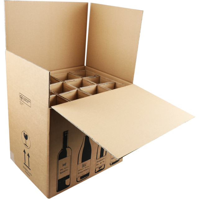 SendProof® - Boîte d'expédition de vin | carton ondulé | 12 bouteilles | 420x305x368mm | marron/noir | 5 pièces