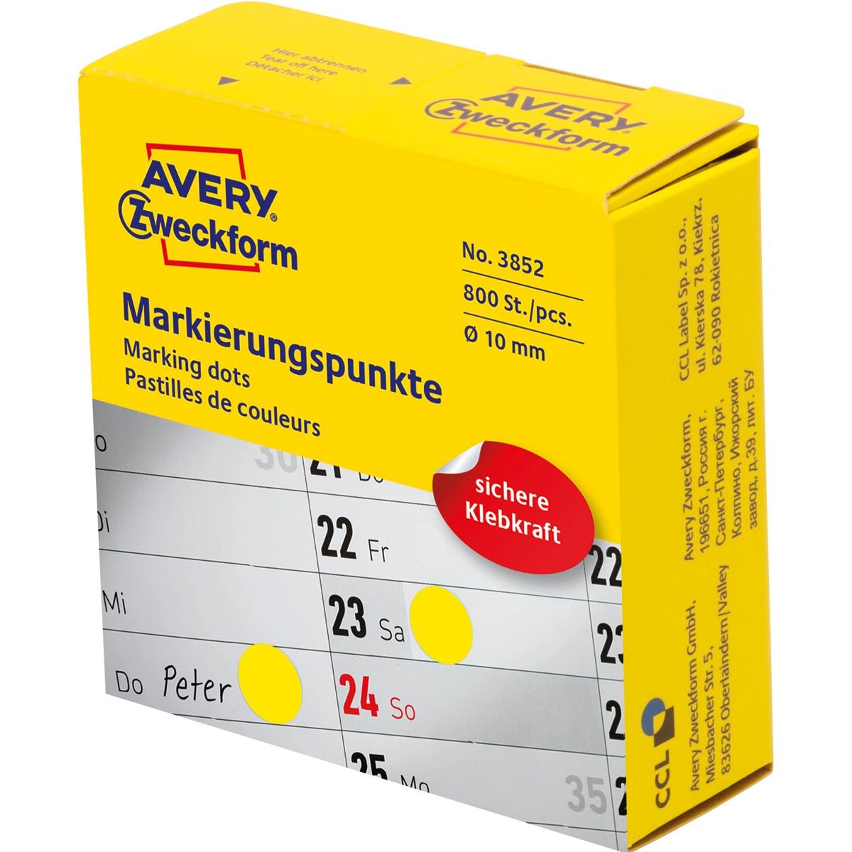 Avery - Markierungspunkte, Durchmesser 10 mm, Rolle mit 800 Stück, gelb