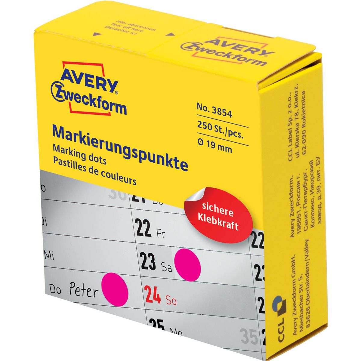 Avery Zweckform -  marking dots, diameter 19 mm, rol met 250 stuks, roze