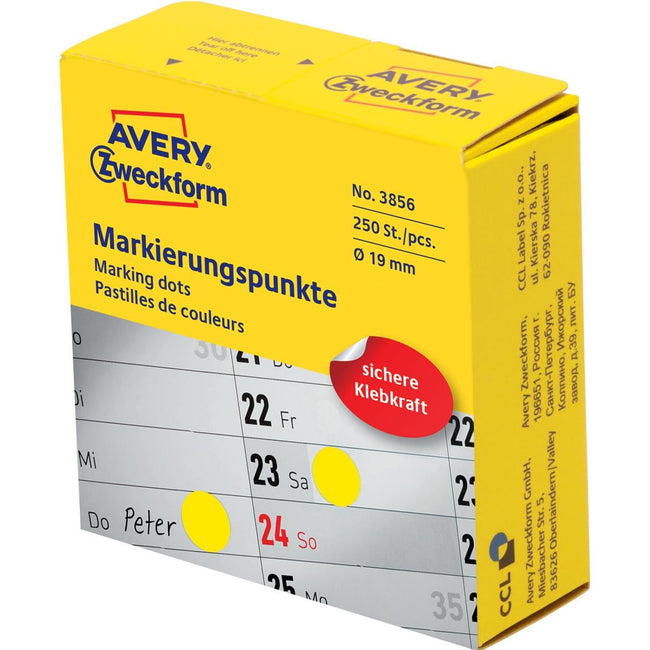 Avery Zweckform -  marking dots, diameter 19 mm, rol met 250 stuks, geel