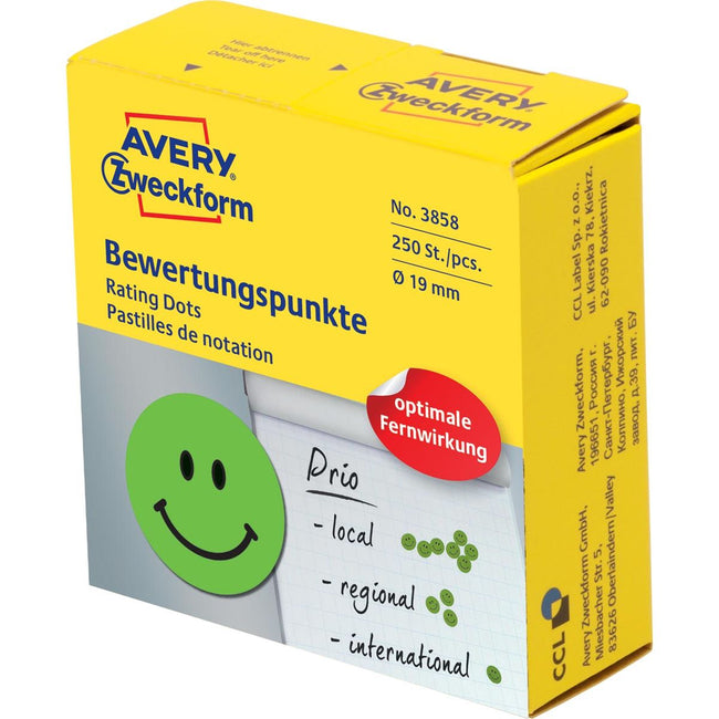Avery Zweckform - points d'évaluation, diamètre 19 mm, rouleau de 250 pièces, smiley, vert